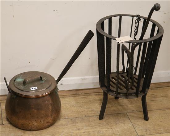 A 19th century copper pot, and two other irons